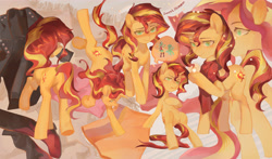 Size: 5717x3366 | Tagged: safe, artist:快乐的小马, derpibooru import, lyra heartstrings, sunset shimmer, human, pony, unicorn, equestria girls, blushing, bunset shimmer, butt, clothes, featureless crotch, female, mare, meme, plot, scarf, sitting, sitting lyra, solo, thinking