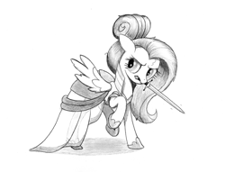 Size: 5005x3820 | Tagged: safe, artist:mizhisha, derpibooru import, fluttershy, pegasus, pony, angry, looking back, monochrome, raised hoof, raised leg, simple background, solo, sword, traditional art, warriorshy, weapon, white background
