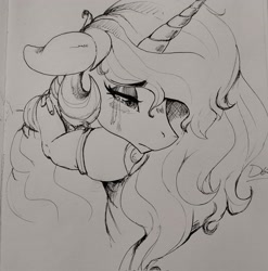 Size: 2025x2048 | Tagged: safe, artist:thelunarmoon, derpibooru import, princess celestia, alicorn, human, pony, bust, crying, ears, female, floppy ears, grayscale, high res, hug, mare, monochrome, neck hug, sad, solo focus, traditional art