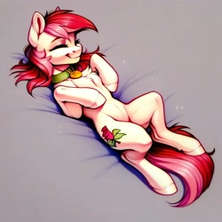 Size: 4096x4096 | Tagged: safe, ai content, derpibooru import, generator:purplesmart.ai, generator:stable diffusion, machine learning generated, roseluck, earth pony, pony, behaving like a cat, belly, belly fluff, chest fluff, collar, cute, eyes closed, featureless crotch, lying down, on back, pet tag, pony pet, prompter:doom9454, rosepet, solo