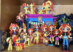 Size: 3860x2732 | Tagged: safe, artist:cadenreigns, derpibooru import, sunset shimmer, better together, equestria girls, g4.5, my little pony: pony life, card, collection, doll, food, funko, funko pop!, high res, sushi, the fairly oddparents, toy, trading card, truck