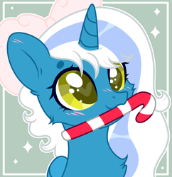 Size: 2634x2720 | Tagged: safe, artist:sarahsuresh-art, derpibooru import, oc, oc only, oc:fleurbelle, alicorn, pony, alicorn oc, base used, bow, candy, candy cane, female, food, golden eyes, green background, hair bow, heart, heart eyes, high res, horn, mare, mouth hold, pink bow, simple background, solo, sparkles, wingding eyes, wings