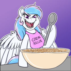 Size: 2500x2500 | Tagged: safe, artist:sugaryviolet, derpibooru import, oc, oc only, oc:starburn, pegasus, bib, bowl, cereal, evil grin, food, gradient background, grin, high res, pun, smiling, solo, spoon