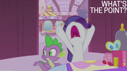 Size: 1280x719 | Tagged: safe, derpibooru import, edit, edited screencap, editor:quoterific, screencap, rarity, spike, simple ways, carousel boutique