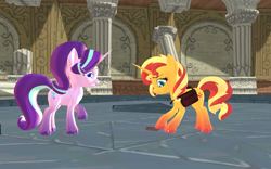 Size: 1920x1200 | Tagged: safe, artist:puzzlshield2, derpibooru import, starlight glimmer, sunset shimmer, pony, equestria girls, mirror magic, spoiler:eqg specials, 3d, bag, book, hyrule castle, journal #3, mmd, recreation, scene interpretation, the legend of zelda