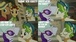 Size: 2000x1123 | Tagged: safe, derpibooru import, edit, edited screencap, editor:quoterific, screencap, oak nut, pistachio, rarity, best gift ever, butternut, hat, ladder, rarity's sunglasses, sunglasses, sweet acorn orchard