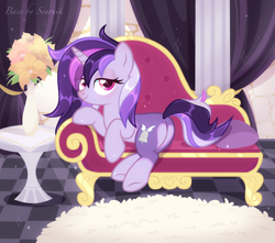 Size: 5000x4424 | Tagged: safe, artist:seurnik, derpibooru import, oc, oc only, oc:dreaming bell, pony, unicorn, base used, butt, carpet, chair, commission, draw me like one of your french girls, fancy, female, heart butt, horn, indoors, looking at you, mare, plant, plot, room, solo, two toned coat, unicorn oc, ych result