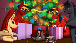 Size: 4000x2250 | Tagged: safe, artist:twotail813, derpibooru import, oc, oc only, oc:gear, oc:nightsun, oc:twotail, oc:xarxe blackhoof, bat pony, cat, dragon, pegasus, brother and sister, christmas, christmas lights, christmas tree, ear fluff, ears, fangs, female, happy new year, happy new year 2024, holiday, male, present, siblings, tree, wings, yarn, yarn ball