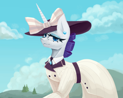 Size: 1500x1200 | Tagged: safe, artist:anastas, derpibooru import, rarity, pony, unicorn, g4, ppov, blue eyes, bow, clothes, cloud, crystal, detailed background, dress, ear piercing, earring, eyelashes, female, hat, jewelry, lidded eyes, looking at you, mare, necktie, no tail, piercing, purple mane, raised hoof, raised leg, raristocrat, rose dewitt bukater, smiling, smiling at you, solo, titanic, walking, white coat