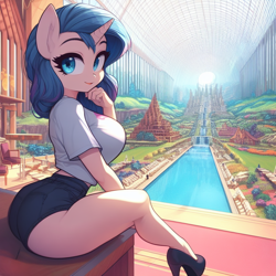 Size: 1024x1024 | Tagged: safe, ai content, derpibooru import, machine learning generated, oc, oc only, anthro, unicorn, adorasexy, big breasts, breasts, busty oc, clothes, courtyard, curvy, cute, female, high heels, horn, hourglass figure, looking at you, no tail, palace, prompter:horselover fat, sexy, shirt, shoes, shorts, side view, sideboob, sitting, smiling, solo, stupid sexy oc, unicorn oc