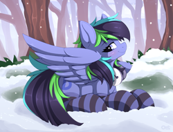 Size: 1493x1138 | Tagged: safe, artist:omi, derpibooru import, oc, oc only, oc:dark derp, pegasus, pony, blushing, clothes, female, forest, nature, smiling, snow, snowfall, socks, solo, stockings, striped socks, thigh highs, tree, wings, winter