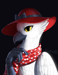 Size: 1663x2117 | Tagged: safe, artist:kleowolfy, derpibooru import, oc, oc only, oc:princess lycklig, griffon, equestria at war mod, black background, bust, griffon oc, hat, portrait, simple background, solo