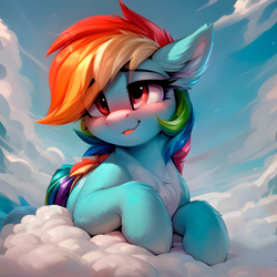 Size: 2048x2048 | Tagged: safe, ai content, derpibooru import, generator:easyfluff v11.2, generator:stable diffusion, machine learning generated, rainbow dash, pegasus, pony, blushing, chest fluff, cloud, ear fluff, ears, female, high res, lying down, lying on a cloud, mare, on a cloud, prompter:felixx