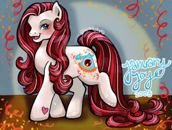Size: 1032x774 | Tagged: safe, artist:sparkytopia, derpibooru import, earth pony, pony, g3, confetti, january joy, new year, open mouth, red hair, streamers, white pony