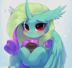 Size: 1796x1698 | Tagged: safe, artist:anku, derpibooru import, oc, oc only, alicorn, pony, alicorn oc, blushing, clothes, coffee, curved horn, female, looking at you, mare, patreon, patreon reward, scarf, simple background, smiling, smiling at you, solo