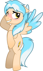 Size: 1035x1693 | Tagged: safe, artist:stellardusk, derpibooru import, oc, oc only, oc:lumin light, pegasus, pony, g4, beige body, blushing, colored, colored wings, flying, golden eyes, hooves behind head, light blue mane, male, multicolored hair, multicolored mane, multicolored wings, nervous, shy, simple background, solo, stallion, transparent background, unsure, white mane, wings