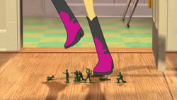 Size: 1024x580 | Tagged: safe, artist:josephpatrickbrennan, derpibooru import, sunset shimmer, human, equestria girls, g4, boots, boots shot, disney, female, green army men, high heel boots, legs, pictures of legs, pixar, shoes, solo, toy soldier, toy story