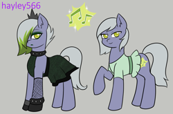 Size: 2391x1575 | Tagged: safe, artist:hayley566, derpibooru import, limestone pie, earth pony, pony, g4, alternate cutie mark, alternate hairstyle, alternate universe, choker, clothes, crown, dress, dyed mane, female, fishnets, gloves, gray background, hair over one eye, jewelry, lidded eyes, lipstick, mare, raised hoof, raised leg, redemptiverse, regalia, shirt, simple background, skirt, solo, spiked choker, spiked wristband, wristband