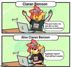 Size: 720x674 | Tagged: safe, oc, oc:ciaran, ciaran benson, laptop computer, meme, solo