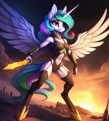 Size: 896x1000 | Tagged: safe, ai content, machine learning generated, princess celestia, alicorn, anthro, series:legion, clothes, fantasy, fire, prompter:hellfire, sci-fi, sunrise, sword, war, weapon