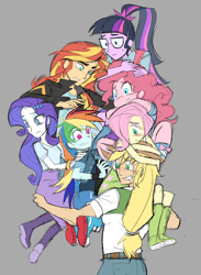 Size: 2000x2739 | Tagged: safe, artist:cranialgrind, artist:takoishi, derpibooru import, applejack, fluttershy, pinkie pie, rainbow dash, rarity, sci-twi, sunset shimmer, twilight sparkle, human, equestria girls, g4, mirror magic, alternate design, applejack's hat, applejacked, bangs, belt, boots, carrying, clothes, colored eyebrows, colored sketch, cowboy hat, curly hair, cutie mark accessory, cutie mark hair accessory, cutie mark on clothes, denim, dot eyes, dress, equestria girls specials, eyebrows, eyebrows visible through hair, eyelashes, freckles, frown, glasses, gray background, gritted teeth, hair accessory, hairclip, hat, high tops, holding, holding a human, holding each other, humane five, humane seven, humane six, humanized, jacket, jeans, knee high boots, leather, leather jacket, long hair, looking down, mane six, muscles, pants, pencil skirt, physique difference, ponytail, ringlets, rolled up sleeves, scene interpretation, shirt, shoes, simple background, sketch, skirt, sneakers, spiky hair, stetson, straight hair, sweater vest, t-shirt, teeth, tied hair