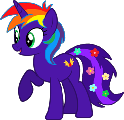 Size: 1511x1462 | Tagged: safe, artist:star-armour95, derpibooru import, oc, oc only, oc:rainbow flower, pony, unicorn, g4, female, flower, flower in tail, horn, multicolored hair, rainbow hair, raised hoof, raised leg, simple background, solo, tail, transparent background