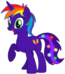 Size: 1282x1462 | Tagged: safe, artist:star-armour95, derpibooru import, oc, oc only, oc:rainbow flower, pony, unicorn, g4, female, flower, flower in tail, happy, horn, multicolored hair, rainbow hair, raised hoof, raised leg, simple background, solo, tail, transparent background