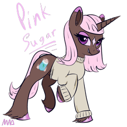 Size: 1256x1256 | Tagged: safe, artist:maonyman, derpibooru import, oc, oc only, oc:pink sugar, pony, unicorn, clothes, coat markings, colored eartips, colored hooves, colored nose, eyeshadow, facial markings, female, freckles, hooves, horn, looking at you, makeup, mare, raised hoof, raised leg, simple background, smiling, smirk, solo, star (coat marking), sweater, transparent background, unshorn fetlocks