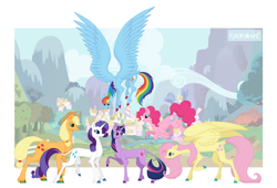 Size: 1280x871 | Tagged: safe, artist:xeon777art, derpibooru import, applejack, fluttershy, pinkie pie, rainbow dash, rarity, twilight sparkle, unicorn twilight, earth pony, pegasus, pony, unicorn, g4, colored hooves, female, fetlock tuft, flying, height difference, hock fluff, hooves, horn, large wings, leg fluff, leonine tail, mane six, mare, open mouth, open smile, outdoors, passepartout, ponyville, slender, smiling, spread wings, tail, tail feathers, tall, thin, unshorn fetlocks, wings