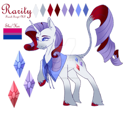 Size: 951x841 | Tagged: safe, artist:king-victor, derpibooru import, part of a set, rarity, classical unicorn, pony, unicorn, g4, alternate cutie mark, alternate mane color, alternate tail color, alternate tailstyle, bisexual pride flag, blue eyes, cloven hooves, color palette, colored, colored eyebrows, colored hooves, colored muzzle, colored pinnae, colored pupils, colored tail, concave belly, dark muzzle, description at source, deviantart watermark, ear piercing, earring, eyeshadow, facial markings, female, flat colors, gradient legs, hooves, horn, jewelry, leonine tail, lidded eyes, makeup, mare, obtrusive watermark, piercing, pride, pride flag, purple eyelashes, purple eyeshadow, raised hoof, raised leg, red hooves, red text, redesign, ringlets, shawl, simple background, slender, smiling, solo, standing, standing on three hooves, sternocleidomastoid, tail, tail fluff, thin, thin tail, three quarter view, transparent background, two toned mane, two toned tail, unicorn horn, unshorn fetlocks, watermark, white coat