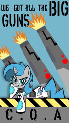 Size: 2700x4800 | Tagged: safe, artist:vareb, derpibooru import, oc, oc only, oc:tango starfall, pony, unicorn, armor, artillery, barricade, blue eyes, blue hair, blue tail, cannon, horn, power armor, smiling, smug, solo, tail, text