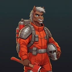 Size: 1024x1024 | Tagged: safe, ai content, derpibooru import, machine learning generated, burnt oak, anthro, earth pony, barbecue, clothes, cosplay, costume, fire extinguisher, fireaxe, firefighter, g.i. joe, generator:google imagen 3.0, gradient background, helmet, male, prompter:zerowinger, solo