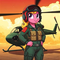 Size: 1024x1024 | Tagged: safe, ai content, derpibooru import, machine learning generated, cherry berry, anthro, earth pony, clothes, cosplay, costume, female, flight suit, g.i. joe, generator:google imagen 3.0, hand on hip, helicopter, helicopter pilot, helmet, lift-ticket, outdoors, prompter:zerowinger, solo