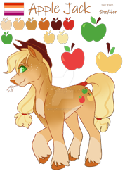 Size: 1920x2695 | Tagged: safe, artist:king-victor, derpibooru import, part of a set, applejack, earth pony, pony, g4, alternate cutie mark, alternate design, alternate universe, apple, applejack's hat, blaze (coat marking), blonde, blonde mane, blonde tail, character name, clothes, coat markings, color palette, colored, colored belly, colored eyebrows, colored eyelashes, colored hooves, colored muzzle, colored pinnae, colored pupils, countershading, cowboy hat, cutie mark, description at source, deviantart watermark, facial markings, female, flat colors, food, green eyelashes, green pupils, hair tie, hat, hooves, lesbian pride flag, long mane, long tail, looking at you, looking back, mare, mealy mouth (coat marking), obtrusive watermark, orange hooves, orange text, pale belly, pale muzzle, ponytail, pride, pride flag, profile, raised hoof, raised leg, redesign, smiling, socks (coat marking), solo, spots, standing on three hooves, sternocleidomastoid, stetson, straw in mouth, striped mane, striped tail, tail, tail tie, tail wrap, three quarter view, tied mane, tied tail, unshorn fetlocks, watermark