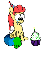 Size: 3023x3351 | Tagged: safe, artist:professorventurer, derpibooru import, oc, oc only, oc:power star, pegasus, pony, birthday, birthday cake, cake, chest fluff, crying, cupcake, cute, female, food, hat, mare, party hat, ponified, rule 85, sad, sadorable, simple background, solo, super mario 64, white background