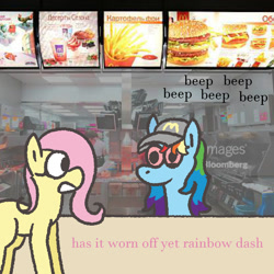 Size: 1000x1000 | Tagged: safe, artist:zoeyhorse, derpibooru import, fluttershy, rainbow dash, pegasus, pony, g4, baseball cap, bloodshot eyes, cap, dialogue, duo, duo female, fast food, female, food, getty images, hat, high, indoors, irl, mare, mcdonald's, missing cutie mark, photo, ponies in real life, wingless