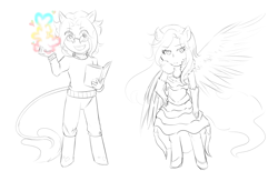 Size: 2000x1300 | Tagged: safe, artist:squeezymouse, derpibooru exclusive, derpibooru import, oc, oc only, oc:good graces, oc:tri color, human, chibi, duo, eared humanization, ethereal hair, ethereal tail, heart, heart eyes, humanized, leonine tail, magic, one wing out, pony ears, sketch, tail, tailed humanization, unusually shaped magic aura, wingding eyes, winged humanization, wings