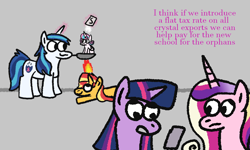 Size: 1000x600 | Tagged: safe, artist:zoeyhorse, derpibooru import, princess cadance, princess flurry heart, shining armor, sunset shimmer, twilight sparkle, twilight sparkle (alicorn), alicorn, pony, unicorn, g4, baby, baby pony, cannibalism joke, cellphone, dialogue, female, filly, fire, foal, food, frying pan, gray background, horn, implied cannibalism, levitation, magic, male, mare, phone, salt, shining armor is a goddamn moron, simple background, smartphone, stallion, telekinesis, this will end in cannibalism