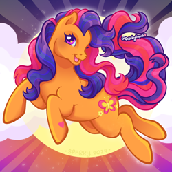 Size: 2400x2400 | Tagged: safe, artist:sparkytopia, derpibooru import, scootaloo (g3), earth pony, pony, g3, female, looking at you, mare, orange coat, purple mane, signature, solo, sunset