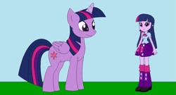 Size: 1195x645 | Tagged: safe, artist:marybethemberjoy49-1, derpibooru import, twilight sparkle, twilight sparkle (alicorn), alicorn, human, pony, equestria girls, g4, female, horse sized pony, human ponidox, outdoors, self paradox, self ponidox, solo