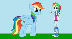 Size: 1195x645 | Tagged: safe, artist:marybethemberjoy49-1, derpibooru import, rainbow dash, human, pegasus, pony, equestria girls, g4, female, horse sized pony, human ponidox, outdoors, self paradox, self ponidox, solo, tomboy