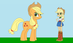 Size: 1195x708 | Tagged: safe, artist:marybethemberjoy49-1, derpibooru import, applejack, earth pony, human, pony, equestria girls, g4, applejack's hat, clothes, cowboy hat, female, hat, human ponidox, looking at you, outdoors, pony sized pony, self paradox, self ponidox, solo