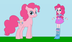 Size: 1195x708 | Tagged: safe, artist:marybethemberjoy49-1, derpibooru import, pinkie pie, earth pony, human, pony, equestria girls, g4, female, horse sized pony, human ponidox, looking at you, outdoors, self paradox, self ponidox, solo