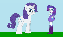 Size: 1195x708 | Tagged: safe, artist:marybethemberjoy49-1, derpibooru import, rarity, human, pony, unicorn, equestria girls, g4, female, horn, horse sized pony, human ponidox, looking at you, outdoors, self paradox, self ponidox, solo