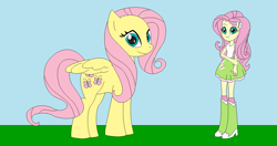 Size: 1195x632 | Tagged: safe, artist:marybethemberjoy49-1, derpibooru import, fluttershy, human, pegasus, pony, equestria girls, g4, female, horse sized pony, human ponidox, looking at you, outdoors, self paradox, self ponidox, solo