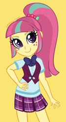 Size: 600x1113 | Tagged: safe, artist:leopardsnaps, derpibooru import, sour sweet, human, equestria girls, g4, bowtie, clothes, crystal prep academy uniform, freckles, hand on hip, necktie, ponytail, school uniform, shirt, simple background, skirt, smiling, solo, undershirt, vest, yellow background