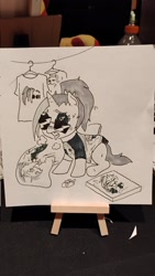 Size: 1153x2048 | Tagged: safe, artist:pony quarantine, derpibooru import, oc, oc only, oc:dyx, alicorn, pony, body pillow, clothes, female, filly, foal, grayscale, marker drawing, monochrome, shirt, solo, sunglasses, sweat, tongue, tongue out, traditional art