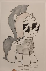 Size: 1338x2048 | Tagged: safe, artist:pony quarantine, derpibooru import, oc, oc only, oc:dyx, alicorn, pony, clothes, female, filly, foal, grayscale, marker drawing, monochrome, shirt, smiling, solo, sunglasses, t-shirt, text, traditional art