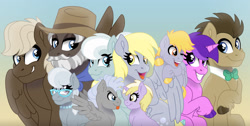 Size: 1280x646 | Tagged: safe, artist:faitheverlasting, derpibooru import, amethyst star, burnt oak, chipcutter, crackle pop, derpy hooves, dinky hooves, doctor whooves, dumbbell, silver spoon, sparkler, earth pony, pegasus, pony, unicorn, g4, amelia airhoof, aunt and nephew, aunt and niece, bowtie, brother and sister, brother in law, brothers, bunny ears (gesture), clothes, cloven hooves, colt, cousins, doctorderpy, family, family photo, father and child, father and daughter, father and son, female, filly, foal, glasses, grin, group shot, headcanon, headcanon in the description, horn, jewelry, looking at each other, looking at someone, looking sideways, male, mare, mother and child, mother and daughter, mother and son, ms. whirlwind, necklace, necktie, offspring, one eye closed, open mouth, open smile, parent and child, parent:derpy hooves, parent:doctor whooves, parents and child, parents:burntwind, parents:doctorderpy, pearl necklace, raised hoof, raised leg, scarf, ship:burntwind, shipping, siblings, sister in law, sisters, smiling, stallion, straight, tongue, tongue out, uncle and nephew, uncle and niece, unshorn fetlocks