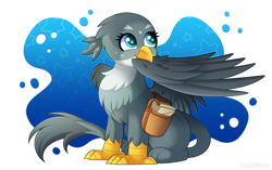 Size: 3000x1880 | Tagged: safe, artist:madelinne, derpibooru import, gabby, griffon, bag, behaving like a bird, biting, female, griffons doing bird things, grooming, leonine tail, preening, saddle bag, sitting, solo, tail, wing bite, wings